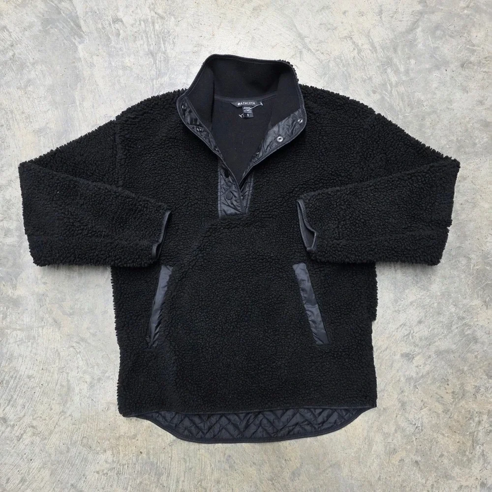 Athleta Black Sherpa Fleece Quilted Snap Neck Pullover Top Womens Small